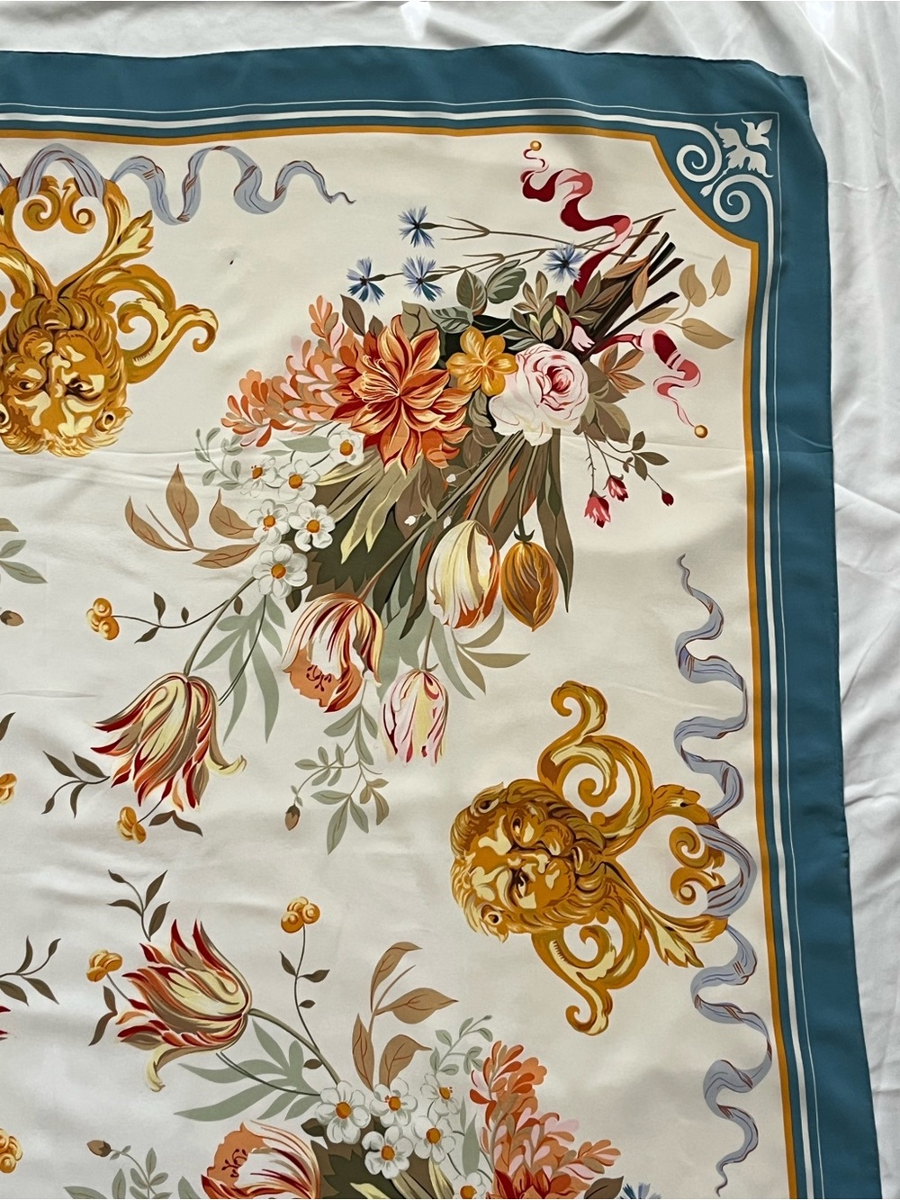 Vtg Metropolitan Museum of Art Silk Floral Medallion Cream Teal Boarded 48x44 - Picture 5 of 8